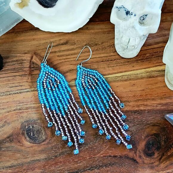 Blue & Pink Beaded Fringe Cascade Dangle Earrings, Seed Bead Jewelry, 4" - Picture 8 of 8